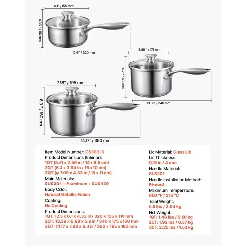 VEVOR Kochtopf Soßentopf Set (0,95+1,89+2,84 L) mit Glasdeckel, Suppentopf Gemüsetopf mit ergonomischem Griff, Milchtopf aus Edelstahl Gemüsetopf, Silber Mehrzwecktopf spülmaschinengeeignet – Bild 6