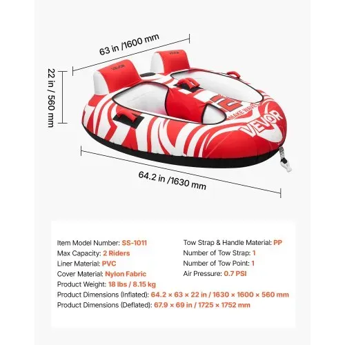 VEVOR Towable Tube für Boote, Wassersport-Schleppreifen für 2 Personen, bis 154 kg Tragfähigkeit, mit Kompletter Nylonabdeckung, Gepolsterten Griffen und Sicherheitsventil, für Seen und Flüsse, Rot – Bild 6