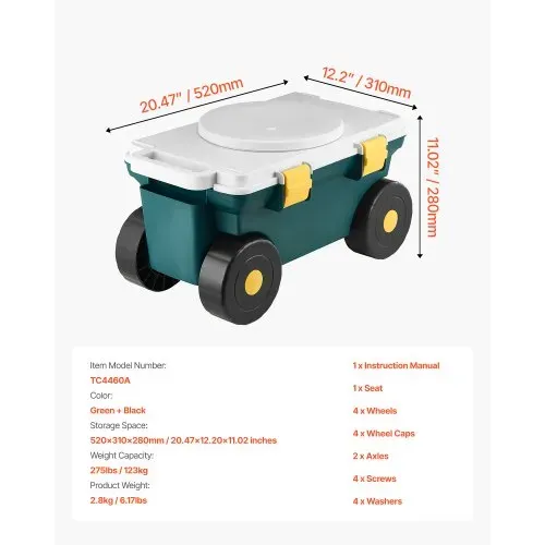 VEVOR Fahrbarer Gartensitz 520 x 310 x 280 mm, Sitzwagen, 2-in-1-Gartenwagen, Rollsitz, Tragkraft bis zu 123 kg, Gartenhelfer, Gartenhocker mit Stauraum zum Jäten & Pflanzen im Garten – Bild 6
