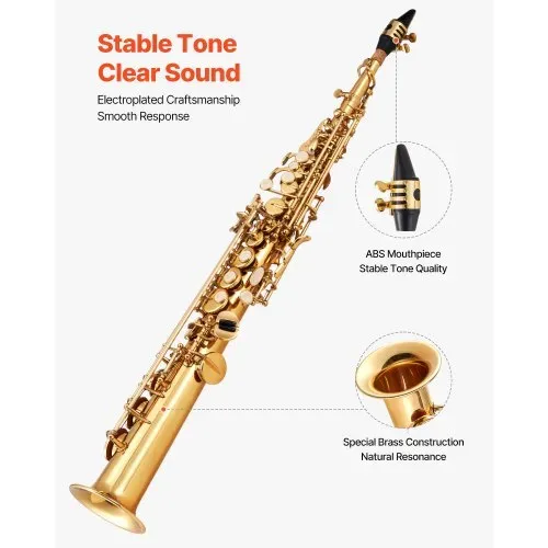 VEVOR Sopransaxophon, B-Dur, Messing-Saxophon-Anfängerset mit Tragetasche, Mundstück, Reinigungstuch, Stab, Handschuhen, Umhängeband, 23-Tasten-Sax-Set, für Anfänger & Schüler, Gold – Bild 2