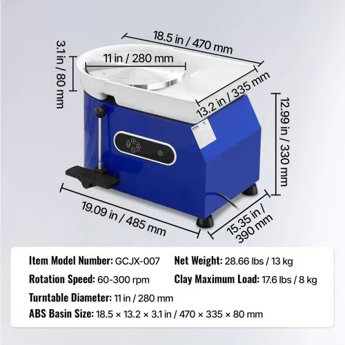 VEVOR Töpferscheibe 450 W, Tonmaschine 280 mm Drehteller, Drehzahlregelung 60–300 U/min, Hand- & Fußsteuerung, Abnehmbares ABS-Becken, Keramik Clay Maschine für Erwachsene & Anfänger, Blau – Bild 6