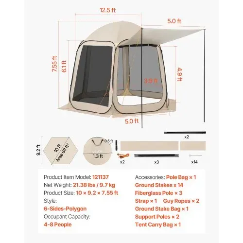 VEVOR Campingzelt, 304,8 x 280,4 cm, Pop-up-Zelt mit ausziehbarer Markise, tragbares Partyzelt für 4–8 Personen mit Tragetasche und Seitenwänden, für Terrasse und Outdoor-Aktivitäten, Beige – Bild 6