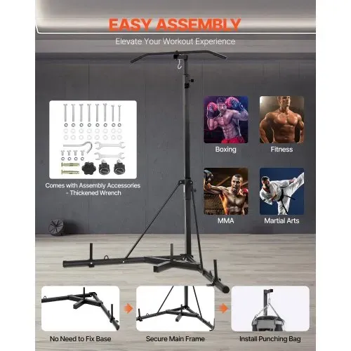 VEVOR 2 in 1 Boxsackständer Trainingsgerät Sandsackgestell aus Stahl, höhenverstellbare Boxsackhalterung mit Klimmzugstang (65 kg belastbar), freistehendes Fitnessgerät für Fitness-Studio Schwarz – Bild 5