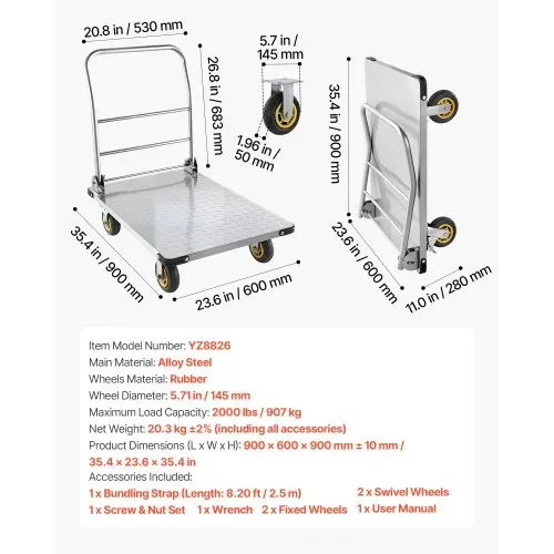 VEVOR Plattformwagen Klappbar 907 kg, Transportwagen mit Lenkrolle, Handwagen mit Rutschfester Ladefläche, Klappwagen Transporthilfe für Einfache Aufbewahrung, 900x600 mm Rollwagen – Bild 6
