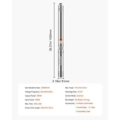 VEVOR Tiefbrunnenpumpe, 910 W Eingangsleistung, 100 L/min Durchfluss, 53 m Förderhöhe, mit 20 m Kabel, externer Steuerkasten, Edelstahl-Wasserpumpe, für industrielle Bewässerung und Heimgebrauch, IP68 – Bild 6