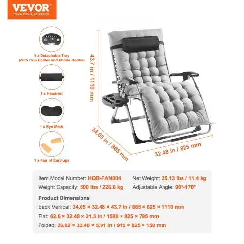 VEVOR Schwerelosigkeitsstuhl, 84 cm Schwerelosigkeits-Liegestuhl für drinnen und draußen, verstellbarer Anti-Schwerkraftstuhl mit Kissen, Kopfstütze, Fußstütze und Getränkehalter, 227 kg, grau – Bild 6