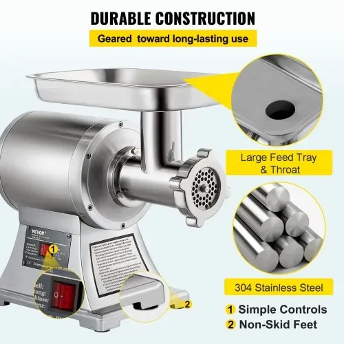 VEVOR Elektrischer Fleischwolf 850 W, Hackfleisch Maschine 150 kg pro Stunde, Elektrische Wurstmaschine 448 x 210 x 387 mm, Edelstahl Wurstmaschine 193 U/min, für Restaurant, Supermarkt, Metzgerei – Bild 3