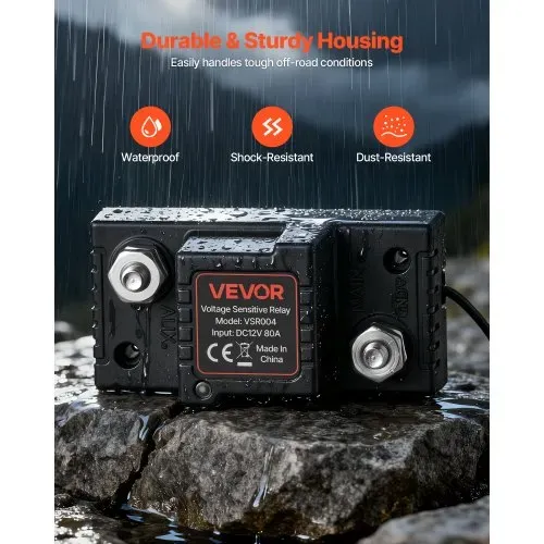 VEVOR Doppelbatterie Trennrelais Kit, 12 V 80 A 0,6 m 13.3 mm² (6 AWG), VSR-spannungsempfindliches Relais mit Voltmeter, LCD-Bildschirm, Batterie-Trennschalter, kompatibel mit Blei-Säure-Batterien, für UTV, ATV – Bild 2