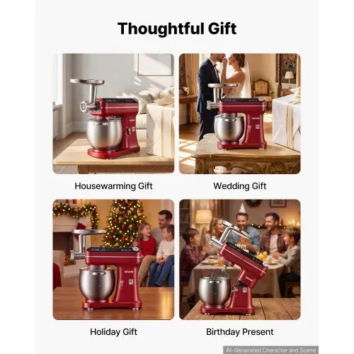 VEVOR Multifunktionale Küchenmaschine mit Kippkopf 7 L 2 in 1 1000 W Rot, Rührmaschine für Teig Sahne Rührteig und Fleisch, Knetmaschine mit Rührschüssel Knethaken Rührbesen und Schneebesen – Bild 6