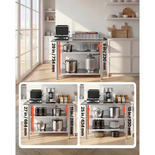 VEVOR Gasto Arbeitstisch 1219x610x864 mm, Edelstahltisch mit 3 Ebenen & Aufkantung & Höhenverstellbaren Ablagen Belastbarkeit Top 245 kg & 2 Unterablagen je 204 kg Vorbereitungstisch für Restaurant – Bild 5