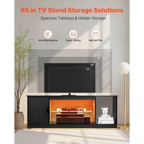 VEVOR TV-Ständer für Fernseher bis zu 65 Zoll, TV Tisch mit Lichtleiste, TV-Schrank aus Holz mit Glasablage & verstellbaren Regalen, Konsolentisch Fernsehschrank für Wohnzimmer Schlafzimmer, Schwarz VEVOR TV-Ständer für Fernseher bis zu 65 Zoll, TV Tisch mit Lichtleiste, TV-Schrank aus Holz mit Glasablage & verstellbaren Regalen, Konsolentisch Fernsehschrank für Wohnzimmer Schlafzimmer, Schwarz