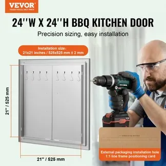 VEVOR Grill-Zugangstür, 610 x 610 mm, Doppelte Außenküchentür, Flächenbündig Montierte Edelstahltür, Doppelwandige vertikale Tür mit Griffen und Haken, für Grillinsel, Grillstation, Außenschrank VEVOR Grill-Zugangstür, 610 x 610 mm, Doppelte Außenküchentür, Flächenbündig Montierte Edelstahltür, Doppelwandige vertikale Tür mit Griffen und Haken, für Grillinsel, Grillstation, Außenschrank