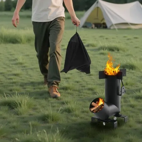 VEVOR Raketenofen, BBQ Rakete Holzofen aus Karbonstahl mit Tragetasche, zum Verbrennen von Zweigen, Stöcken oder Holzkohle zum Outdoor Kochen, Camping Outdoor-Campingkocher, Campinggrill – Bild 7