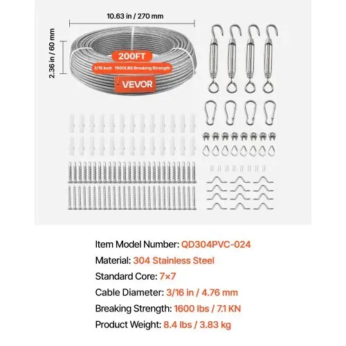 VEVOR Edelstahldrahtseil φ4,76 mm 61 m Länge, Drahtseil aus Edelstahl 304 mit einer Bruchlast von 7,1 kN, Stahlseil 7x7 Litzen, Geländerseil für Terrassengeländer, Gartenspaliere – Bild 6