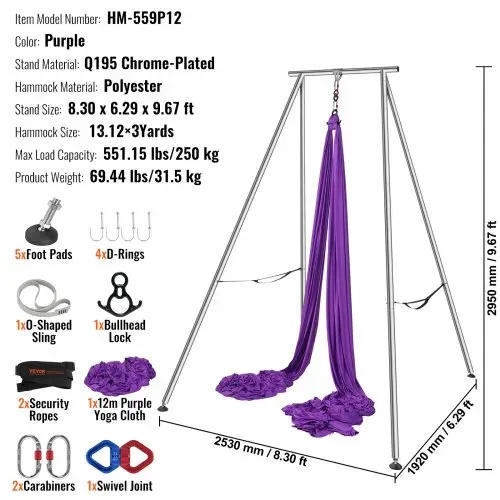 VEVOR Aerial Yoga Hängematte mit Yogarahmen 12 x 2,6 m, Lila Yoga Swing Air Fliegen, Yoga-Schaukel Hammock Swing 250 kg Max. Tragfähigkeit, inkl. Yoga-Socken & Fußpolster, Anti-Gravity-Übungen – Bild 6