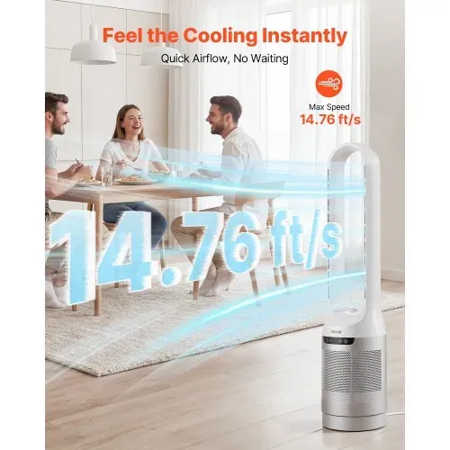 VEVOR Blattloser Turmventilator, 104cm Säulenventilator mit 12 Geschwindigkeiten Max. 4.5 m/s 4 Modi 8 Std. Timer, 65° Oszillierender Standventilator mit Fernbedienung für Schlafzimmer Büro, Weiß – Bild 2