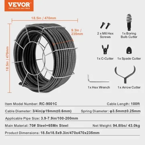 VEVOR Rohrreinigungsspirale 30 m x 19 mm, Rohrreinigungsspirale aus Stahl und 4 Schneidern für Rohre von 100 bis 200 mm, Rohrreinigungsspirale mit innerem Kern für Spüle, Bodenablauf, Toilette – Bild 6
