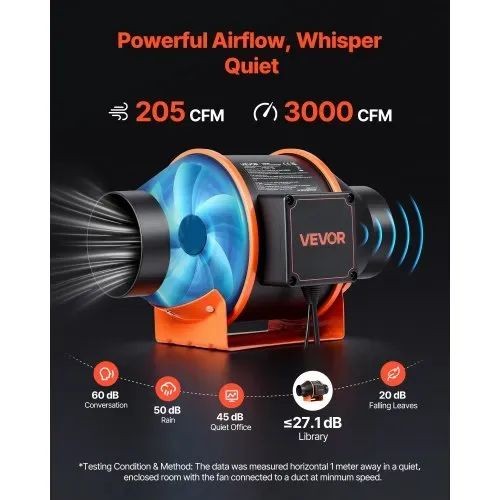 VEVOR 101,6mm Rohrventilator Regelbar, 349m³/h Inline-Rohrlüfter mit PWM & App-Steuerung, Kanalventilator mit 10 Stufen 9h Timer EC-Motor, Abluftventilator für Gewächshaus Badzimmer Keller Rauchabzug – Bild 3