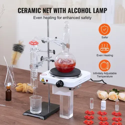VEVOR Destillationsset für Ätherische Öle, 500 ml Destillationsapparat, 3,3 Boro-Laborglas-Destillationsset mit 1000 W Heizplatte und 24, 40 Gelenken, 33-teiliges Set – Bild 4