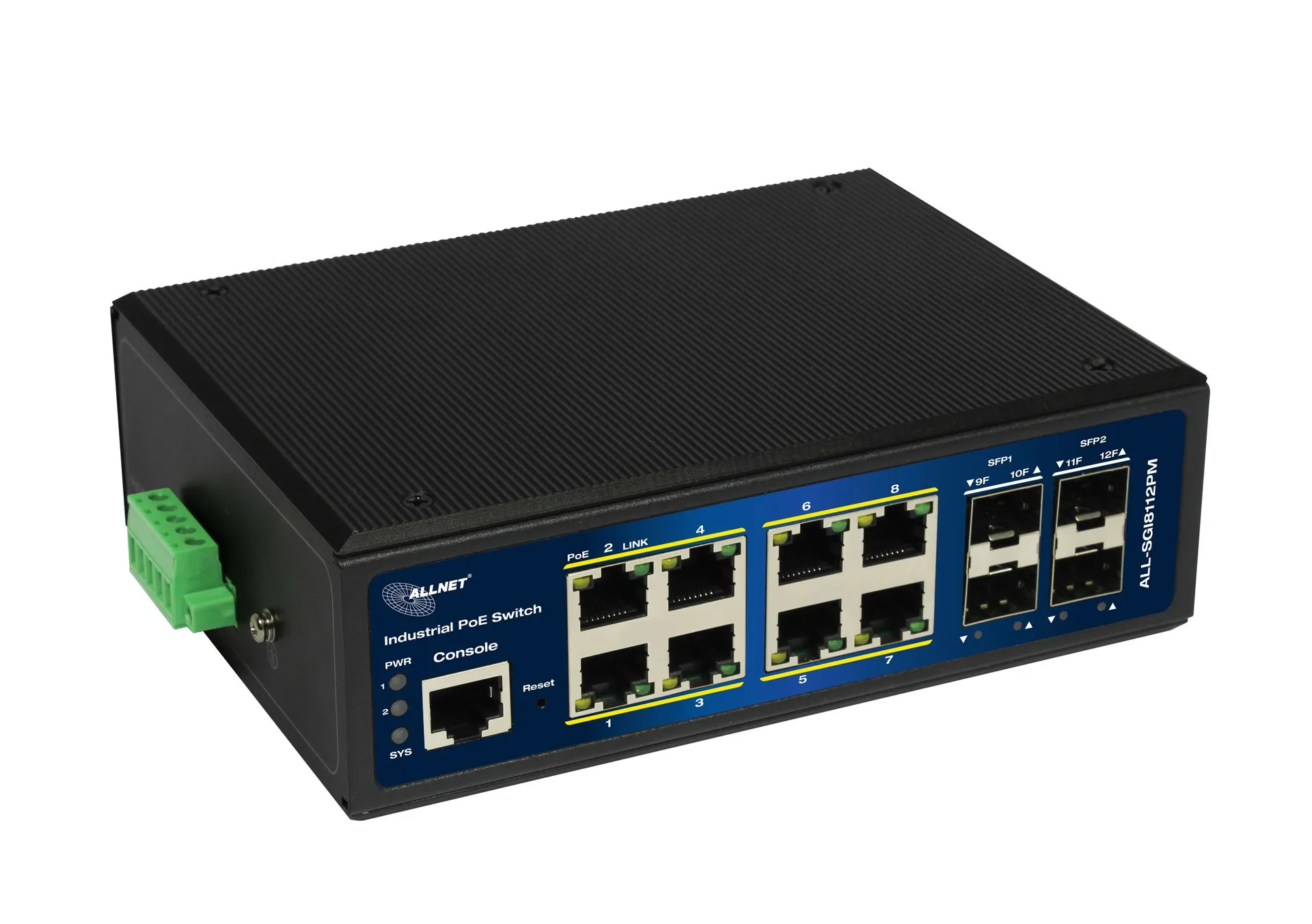 ALLNET Switch industrial full managed Layer2+ 12 Port GbE • PoE Budget 240W • 8x PoE at • 4x SFP • Lüfterlos • DIN • JSON API • ALL-SGI8112PMJ ALLNET Switch industrial full managed Layer2+ 12 Port GbE • PoE Budget 240W • 8x PoE at • 4x SFP • Lüfterlos • DIN • JSON API • ALL-SGI8112PMJ