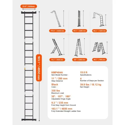 VEVOR Mehrzweckleiter, 7-in-1-Multifunktionsleiter, A-Rahmen mit 4 Stufen und Gerüstbrett, Teleskopleiter, Leitergerüst 4650 mm, strapazierfähig, 150 kg Tragkraft, für den Außenbereich – Bild 6