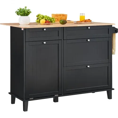 VEVOR Kücheninselwagen, 128 cm Frühstücksbar mit Holzplatte und ausklappbarem Müllschrank, 10 Gal Stauraum, Bauernhaus-Ess-/Wohnzimmertisch mit Klappplatte, Handtuchhalter, Schublade, schwarz – Bild 9