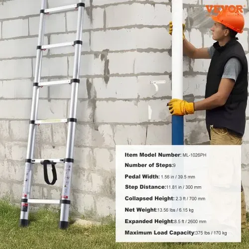 VEVOR Teleskopleiter, 2,6 m lange, Ausziehleiter aus Alu,klappbare Leiter mit Ein-Knopf-Einzug, 160 kg Tragkraft mit rutschfesten Füßen, tragbare Kompaktleiter für Zuhause, Wohnmobil, Dachboden – Bild 6