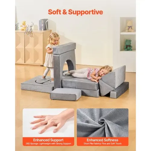 VEVOR modulare Spielcouch Anbausofa für Kleinkinder mit Armlehnen, 28D-Schwamm und Kurzflor, umwandelbare modulare Kindercouch zum Selbermachen, für Spielzimmer Schlafzimmer, 14-teilig, Grau – Bild 4
