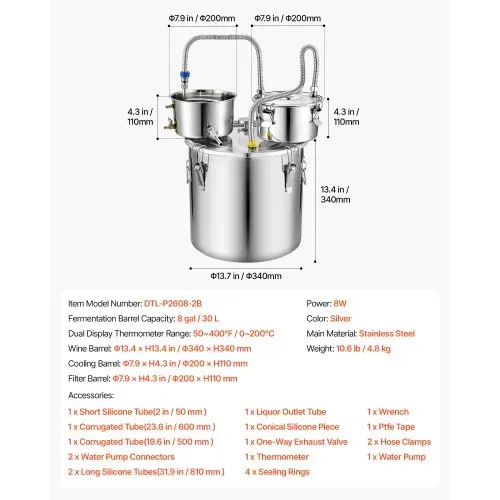 VEVOR Distillieranlage 30 L mit Thumper-Fass Wasserpumpe Thermometer Silber, Destillationsset mit Doppelskala-Thermometer für Whisky, Wein und Brandy, Destillierer-Heimbrauset für Hobby und Küche – Bild 6