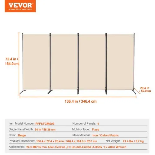 VEVOR Raumteiler 4 Paneele Paravent 3464 x 1840 x 520 mm, faltbarer Sichtschutz & tragbarer Trennwandteiler zur Raumtrennung, freistehende Raumteiler für Büro Schlafzimmer Arbeitszimmer, Beige – Bild 6