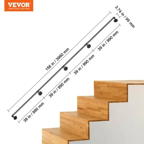 VEVOR 4x Retro Wasserrohr Handlauf 396cm Industrieller Geländer Schutzbügel Kohlenstoffstahl Matt 5x Wandhalterungen Handlauf Rustikal 1,5mm Rohrstärke 200kg Traglast für Handläufe im Außen-/Innen – Bild 6