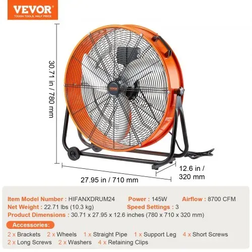 VEVOR Trommelventilator, Bodenventilator, Industrieventilator, 3 Gang, 8600 CFM, 360° verstellbare Neigung, 0-2-Stunden-Timer, Standventilator, Windmaschine für Lager, Werkstatt, Fabrik, Keller – Bild 6