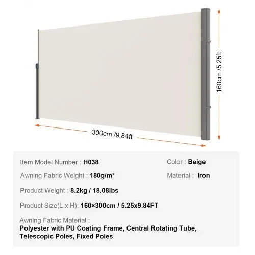 VEVOR Seitenmarkise 160 x 300 cm Seitenwandmarkise aus Polyestergewebe mit PU-Beschichtung Markise einziehbarer Griff mit Federmechanismus Sichtschutz Blickschutz für Balkone Innenhöfe UV30 Beige – Bild 6