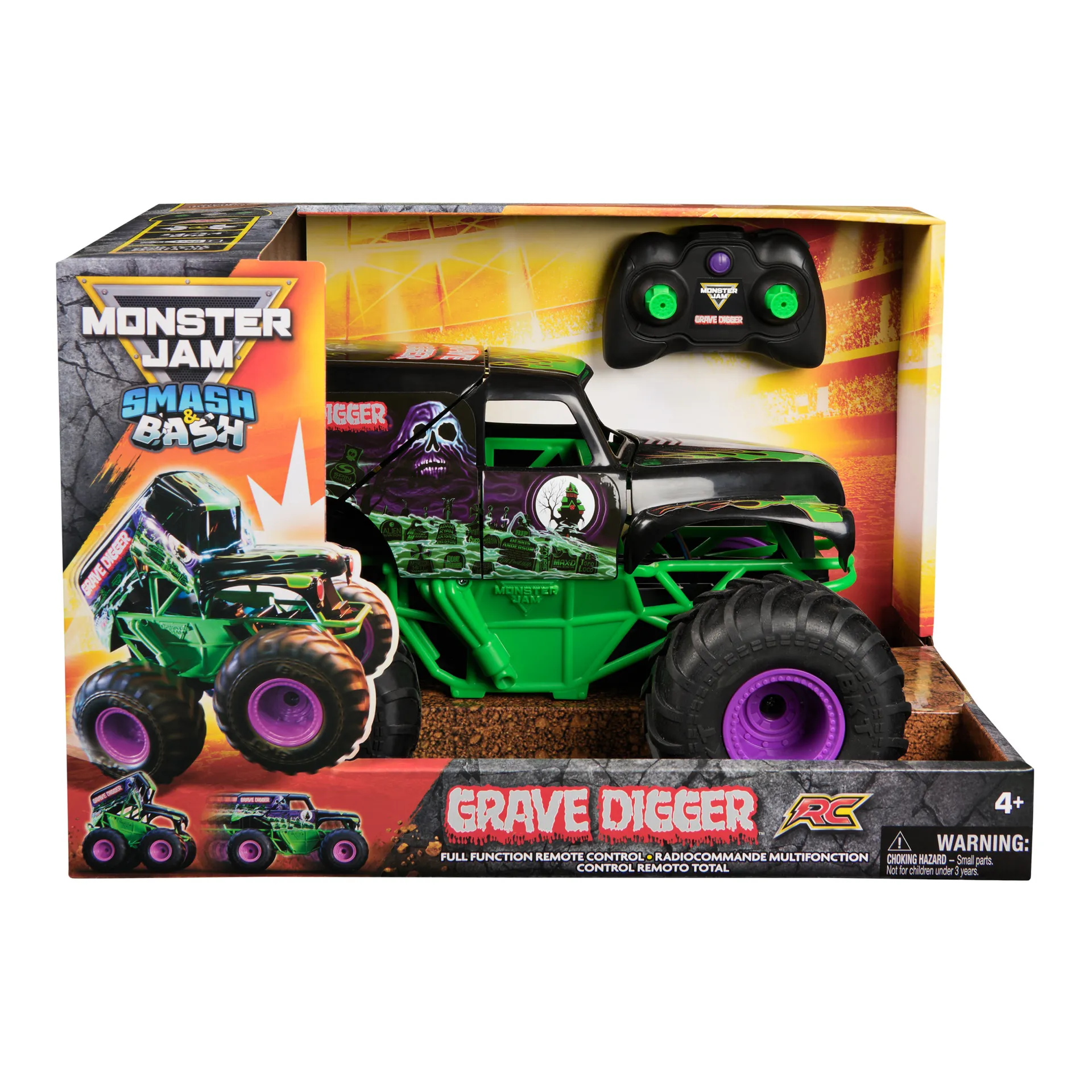 Monster Jam – Smash ’n Bash Grave Digger, ferngesteuerter Monstertruck, der sich beim Crash verformt und auf Knopfdruck wieder repariert Monster Jam – Smash ’n Bash Grave Digger, ferngesteuerter Monstertruck, der sich beim Crash verformt und auf Knopfdruck wieder repariert
