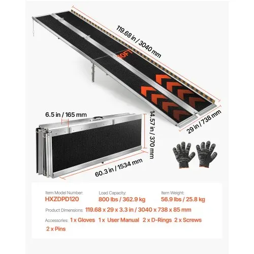 VEVOR Rollstuhlrampe Faltbar 3045x745mm, 362,9kg Belastbare Schwellenrampe mit Rutschfester Oberfläche & 170-400mm Verstellbaren Stützfüßen, Tragbare Auffahrrampe für Rollstuhl Türschwelle Bordsteine – Bild 6