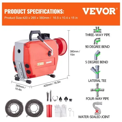 VEVOR 120 FT x 7/8 Zoll Rohrreinigungsmaschine, 420 W elektrische Rohrreinigungsspirale mit manueller Zuführung – mit 6 Schneidern, 2 Stahlkabeln (120' x 7/8" und 18' x 3/8") & CW/CCW-Steuerung für 1,9" bis 6" Rohre – Bild 6