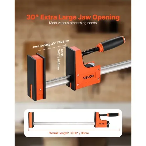 VEVOR Stangenklemmen für Holzbearbeitung 2 Stk. 762 mm Öffnung, Parallelklemmen-Set, F-Klemme mit 680 kg Belastungsgrenze, 98,4 mm Tiefe, Kunststoff & Karbonstahl, Metallbearbeitung Orange – Bild 2