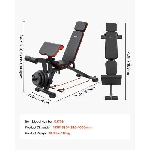 VEVOR Hantelbank verstellbare Brauchtrainer für Ganzkörpertraining 363 kg belastbar), Sit-up-Trainingsbank Fitness Bank Flachbank mit it Beinstrecker, Preacher-Polster, schnelle Einstellung – Bild 6