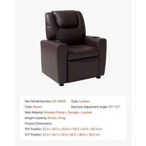 VEVOR Liegestuhl Kindersessel mit Getränkehaltern, 101°-121° verstellbare Rückenlehne, Liegecouch aus PU-Leder mit Fußstütze, 41 kg belastbarer Relaxsessel für Jungen Mädchen Kinder (braun) – Bild 6