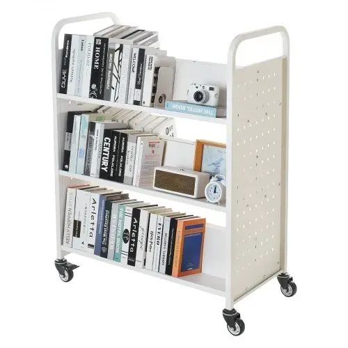 VEVOR Bücherwagen, 150kg Tragkraft, Bibliothekswagen, 97x51,5x122,5cm, Doppelseitiges W-förmiges Bücherregal mit Doppelbremsrollen, Bücherregalwagen für Wohnzimmer, Büro, Schule, Weiß – Bild 9
