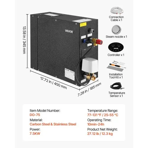 VEVOR Dampfgenerator, 7,5 kW Dampferzeuger, Dampfduschsystem mit Steuerung für Sauna, Bad, Spa, kommerzielles automatisches Ablaufset mit Überhitzungs-, Trockenlauf- & Überdruckschutz, Schwarz – Bild 6