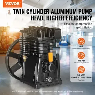 VEVOR Luftkompressor-Pumpenkopf, 3 PS, 5,8 CFM bei 90 PSI, Ölgeschmierter Luftkompressor-Kolbenpumpenkopf mit zwei Zylindern, einstufiger Ersatz für Aluminium-Luftkompressorpumpe mit max. 116 PSI Druck VEVOR Luftkompressor-Pumpenkopf, 3 PS, 5,8 CFM bei 90 PSI, Ölgeschmierter Luftkompressor-Kolbenpumpenkopf mit zwei Zylindern, einstufiger Ersatz für Aluminium-Luftkompressorpumpe mit max. 116 PSI Druck
