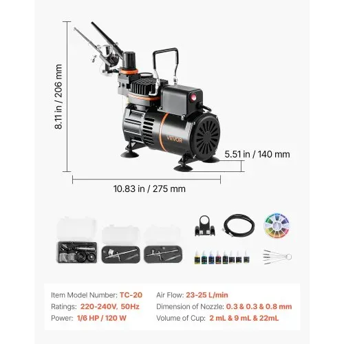 VEVOR Airbrush Set 1/6 PS mit Luftkompressor, 3 Dual Action Airbrush Pistolen mit 3 Düsen (0,3/0,3/0,8 mm) & Schlauch & Acrylfarbe & 2 Ventilatoren, für Kuchendekoration Modellmalerei Nagelkunst – Bild 6