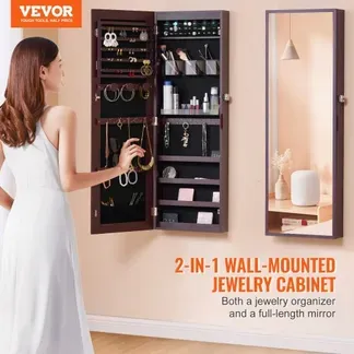 VEVOR abschließbarer Schmuckschrank Schmuckspiegelschrank 108cm Hohe, Aufbewahrung von Juwelen mit Ganzkörperspiegel, Wandmontage Schmuckspiegel-Organizer mit LED-Innenbeleuchtung & Samtfutter, braun VEVOR abschließbarer Schmuckschrank Schmuckspiegelschrank 108cm Hohe, Aufbewahrung von Juwelen mit Ganzkörperspiegel, Wandmontage Schmuckspiegel-Organizer mit LED-Innenbeleuchtung & Samtfutter, braun