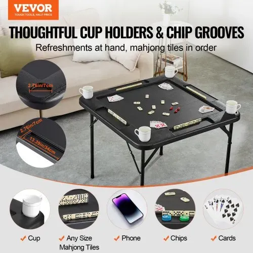 VEVOR Mahjong-Tisch, Zusammenklappbarer Kartentisch für 4 Spieler mit 4 Getränkehaltern & 4 Chip-Fächern, Tragbarer Domino-Spieltisch mit 1 Satz Dominosteine für Mahjong Poke Puzzles VEVOR Mahjong-Tisch, Zusammenklappbarer Kartentisch für 4 Spieler mit 4 Getränkehaltern & 4 Chip-Fächern, Tragbarer Domino-Spieltisch mit 1 Satz Dominosteine für Mahjong Poke Puzzles