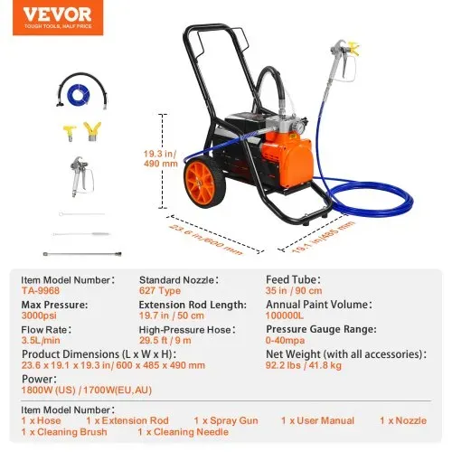 VEVOR Airless-Farbspritzgerät mit Membran, 1700 W effizientes Airless-Farbspritzgerät mit Wagen, 3000 psi Airless-Farbspritzgerät, mit Verlängerungsstang, 3,5 L/min Hochdruck Airless Farbsprühsystem – Bild 6