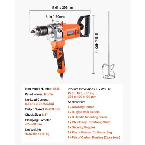 VEVOR elektrische Bohrmaschine 15,89 mm 1200 W mit Mixer Bohrmaschinenmischer Set 750 U/min 3,2 A Mischbohrmaschine mit D-Griff zum Bohren & Mischen Handbetonmischer für Futter Zement – Bild 6