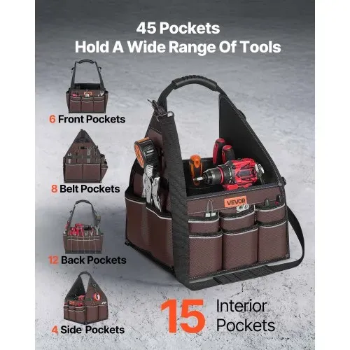 VEVOR Offene Werkzeugtasche 31x31x41cm, Aufbewahrungstasche mit 15 Innen- & 30 Außenfächern, Wasserfester Werkzeug-Organizer aus Polyester mit Schultergurt & Tragegriff, Werkzeugtrage für Handwerker VEVOR Offene Werkzeugtasche 31x31x41cm, Aufbewahrungstasche mit 15 Innen- & 30 Außenfächern, Wasserfester Werkzeug-Organizer aus Polyester mit Schultergurt & Tragegriff, Werkzeugtrage für Handwerker