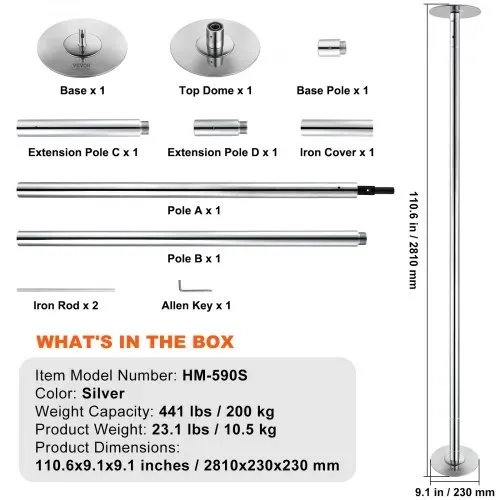 VEVOR Professionelle Tanzstange, Pole Dance Tragbare Tanzstange Profi ca. 210,5–278,4 cm Höhenverstellbare Abnehmbare Fitnessstange Spinning Fitness Silber, Tanzstange Fitnessstudios, Club, Party – Bild 6