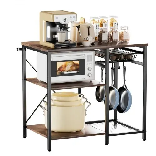 VEVOR Küchenregal Bäckerregal (90 x 40 x 90 cm) mit X-förmiger Stützstange & 5 S-förmigen Haken & Mehrstufigem Ablagefach, Mikrowellenregal für Geschirr Schüsseln Gewürzflaschen Metallregal – Bild 8